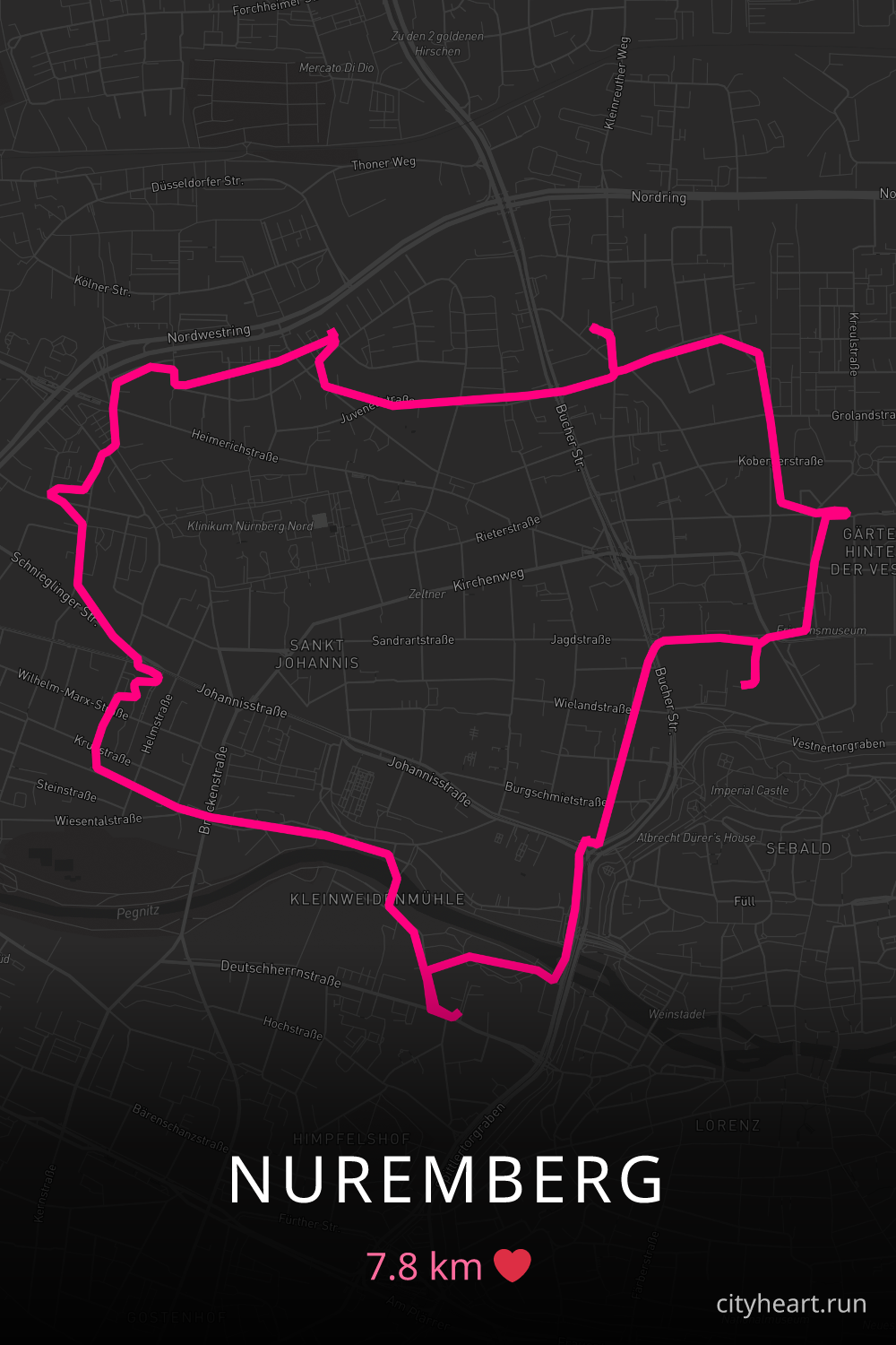 Heart-shaped running route in Nuremberg, 7.8 km — GPS art for Strava