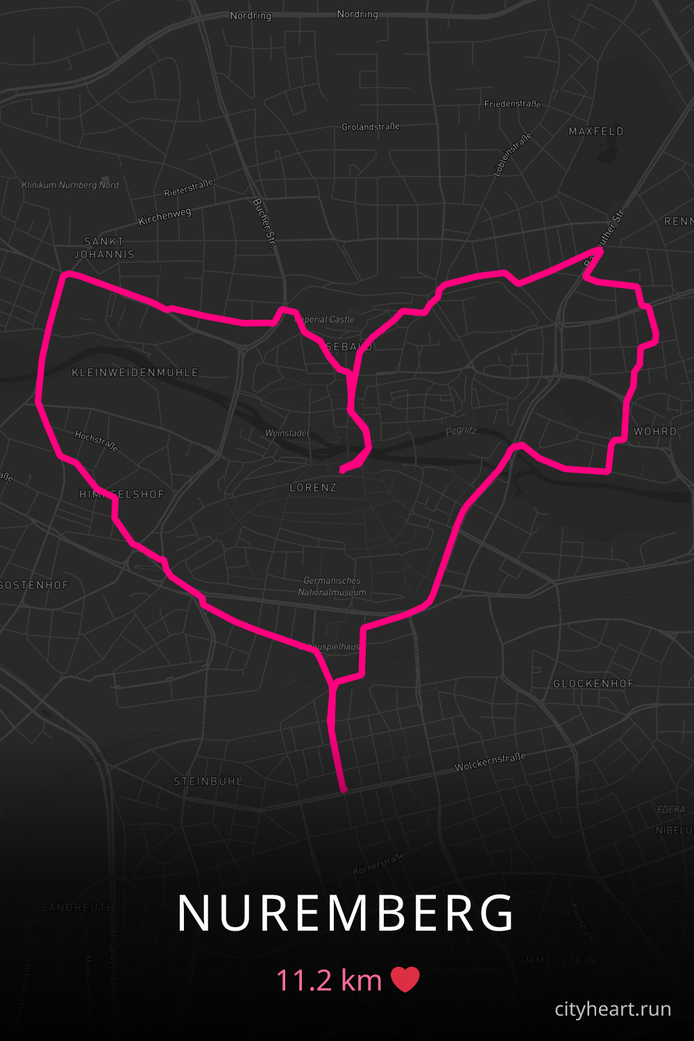 Heart-shaped running route in Nuremberg, 11.2 km — GPS art for Strava