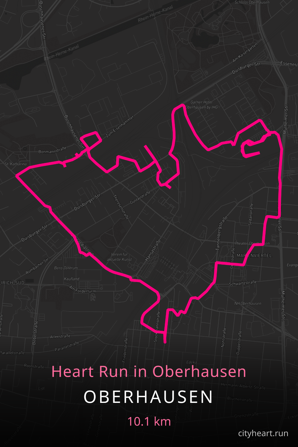 Heart-shaped running route in Oberhausen, 10.8 km — GPS art for Strava