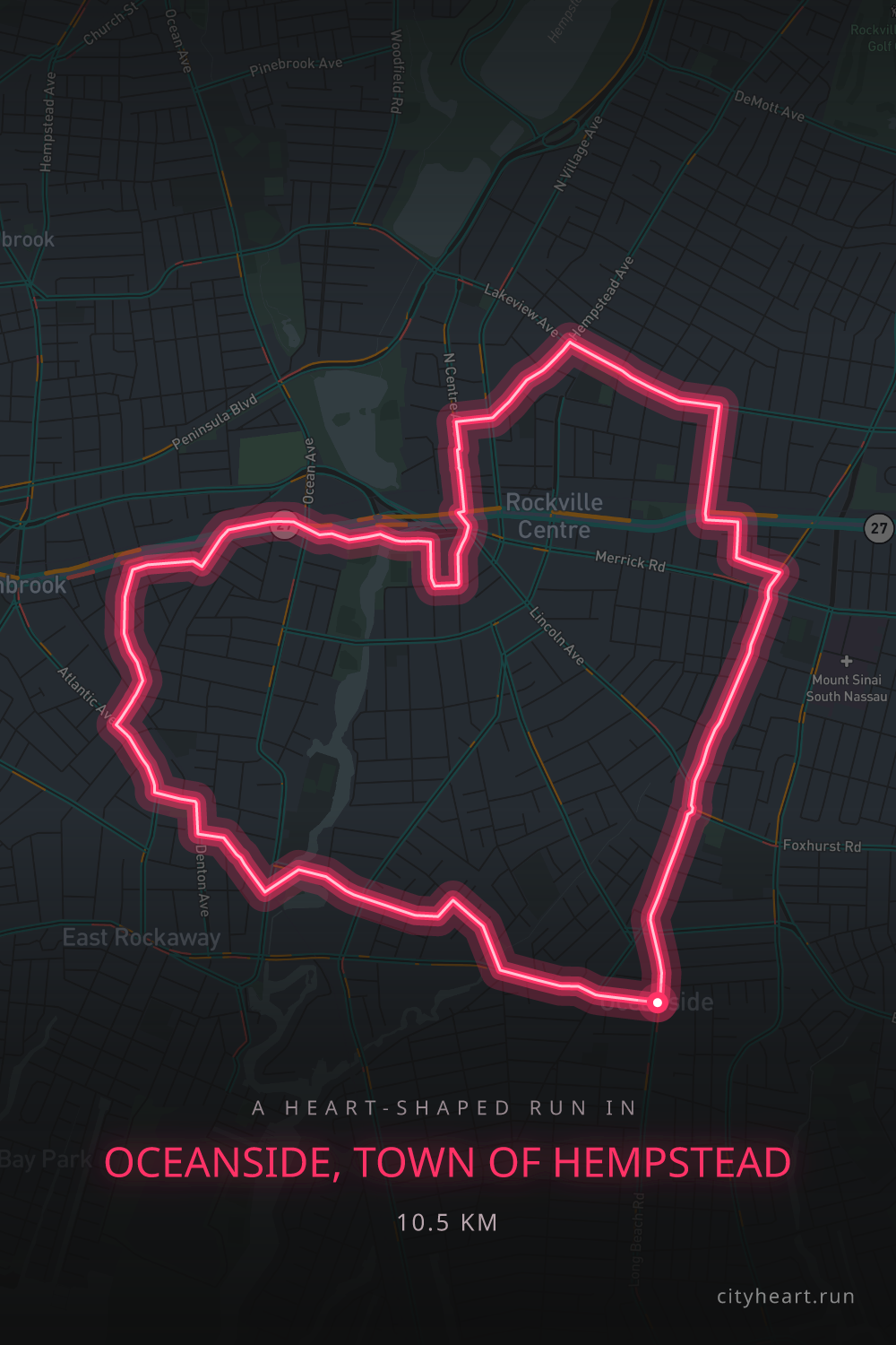 Heart-shaped running route in Oceanside, Town of Hempstead, 10.5 km — GPS art for Strava