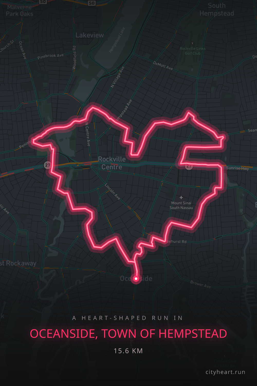 Heart-shaped running route in Oceanside, Town of Hempstead, 15.6 km — GPS art for Strava