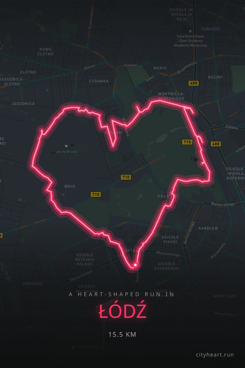 Heart-shaped running route in Łódź, 13.3 km — GPS art for Strava