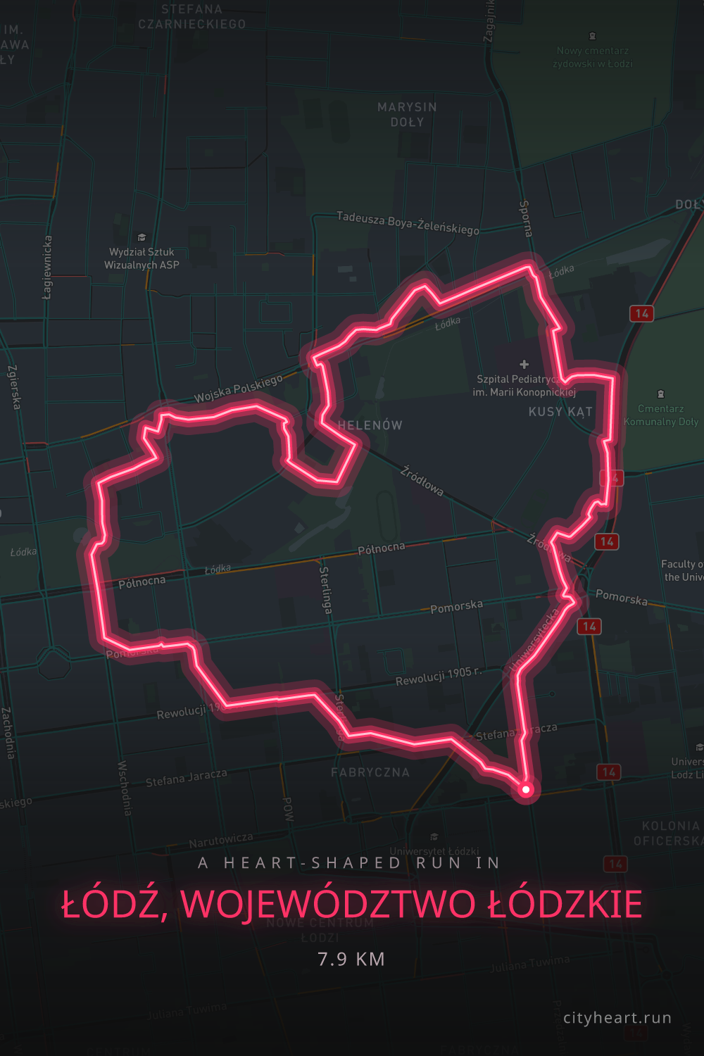 Heart-shaped running route in Łódź, 7.9 km — GPS art for Strava