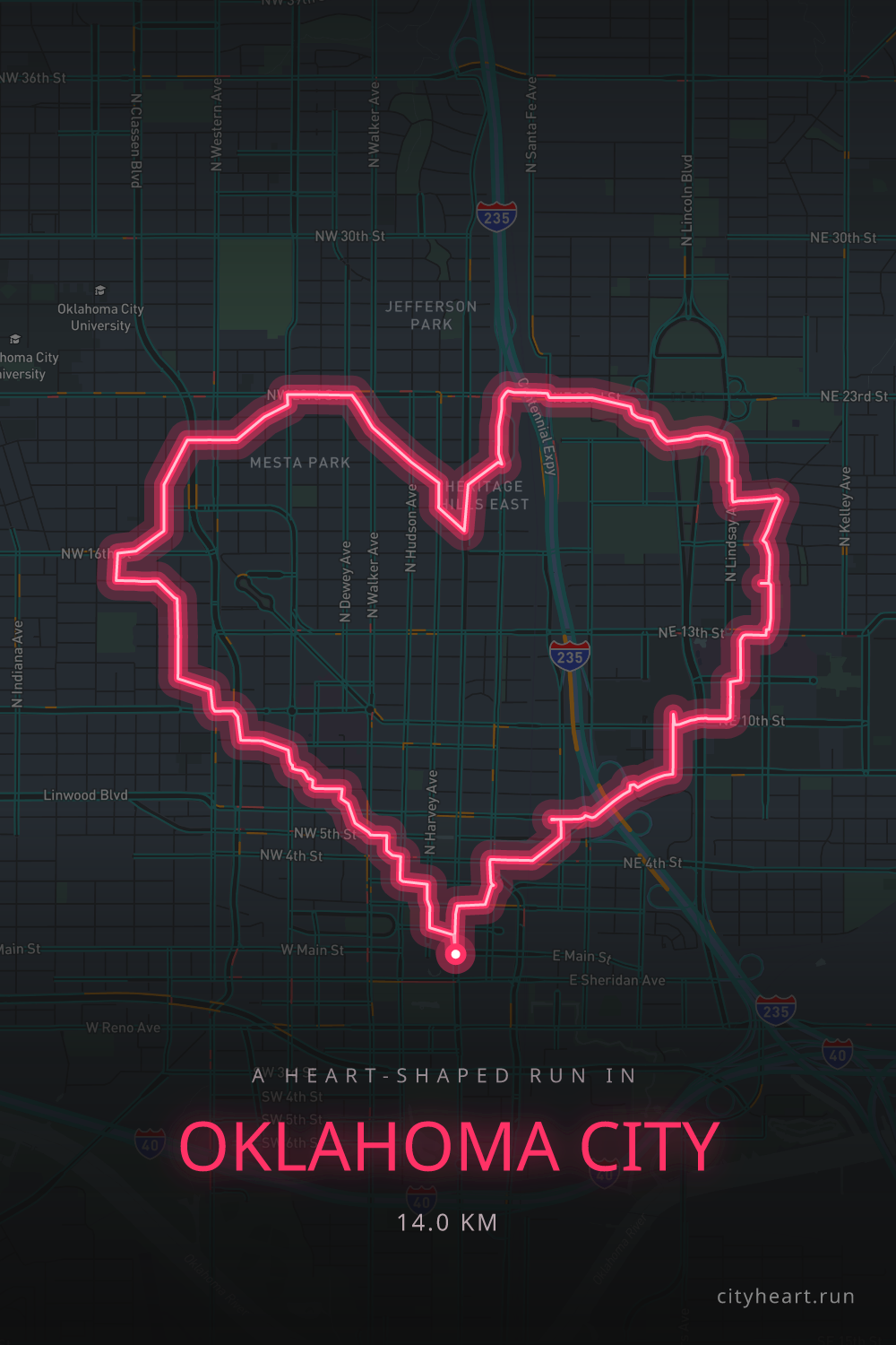 Heart-shaped running route in Oklahoma City, 14.7 km — GPS art for Strava