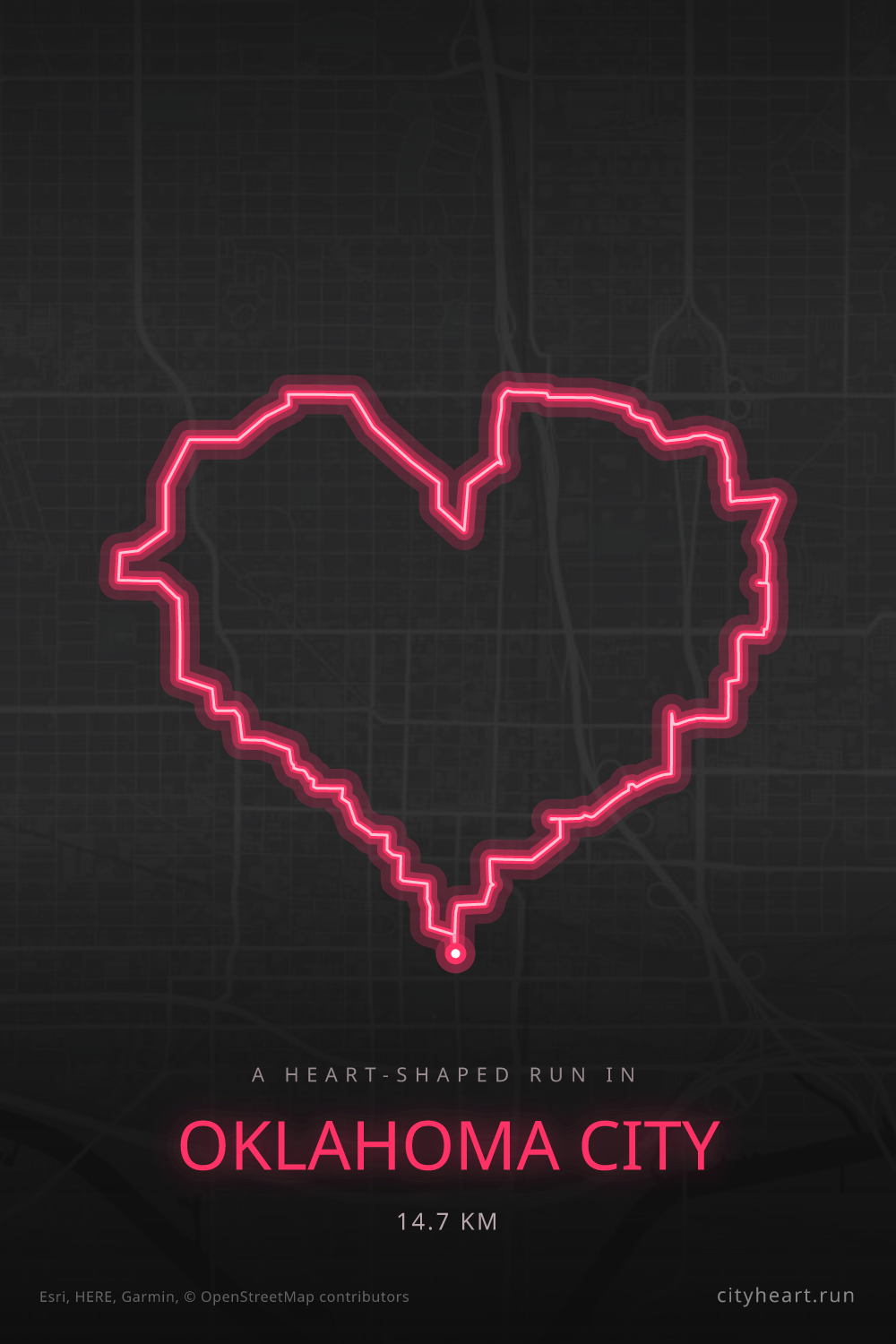 Heart-shaped running route in Oklahoma City, 14.7 km — GPS art for Strava