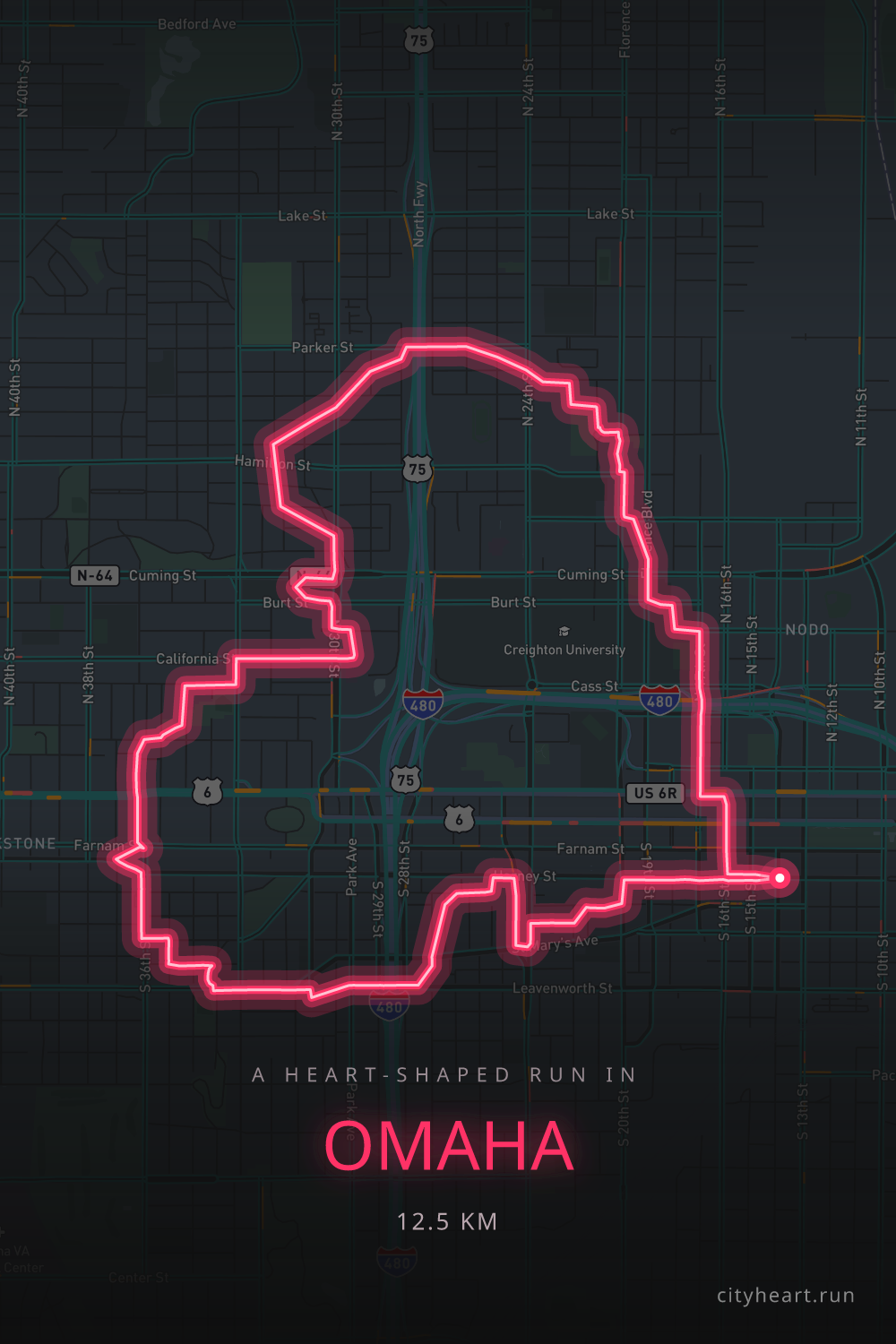 Heart-shaped running route in Omaha, 12.9 km — GPS art for Strava