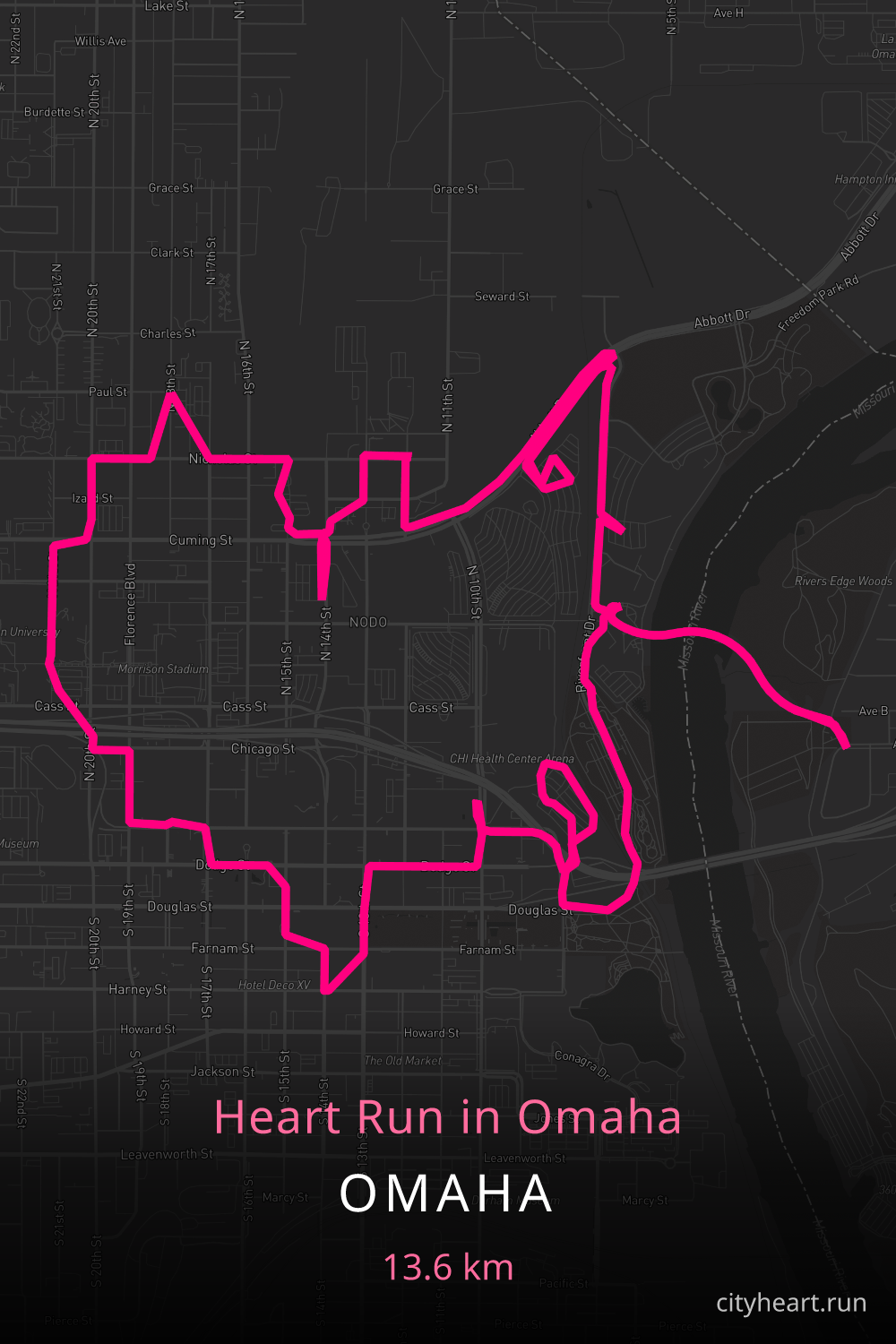Heart-shaped running route in Omaha, 14.5 km — GPS art for Strava