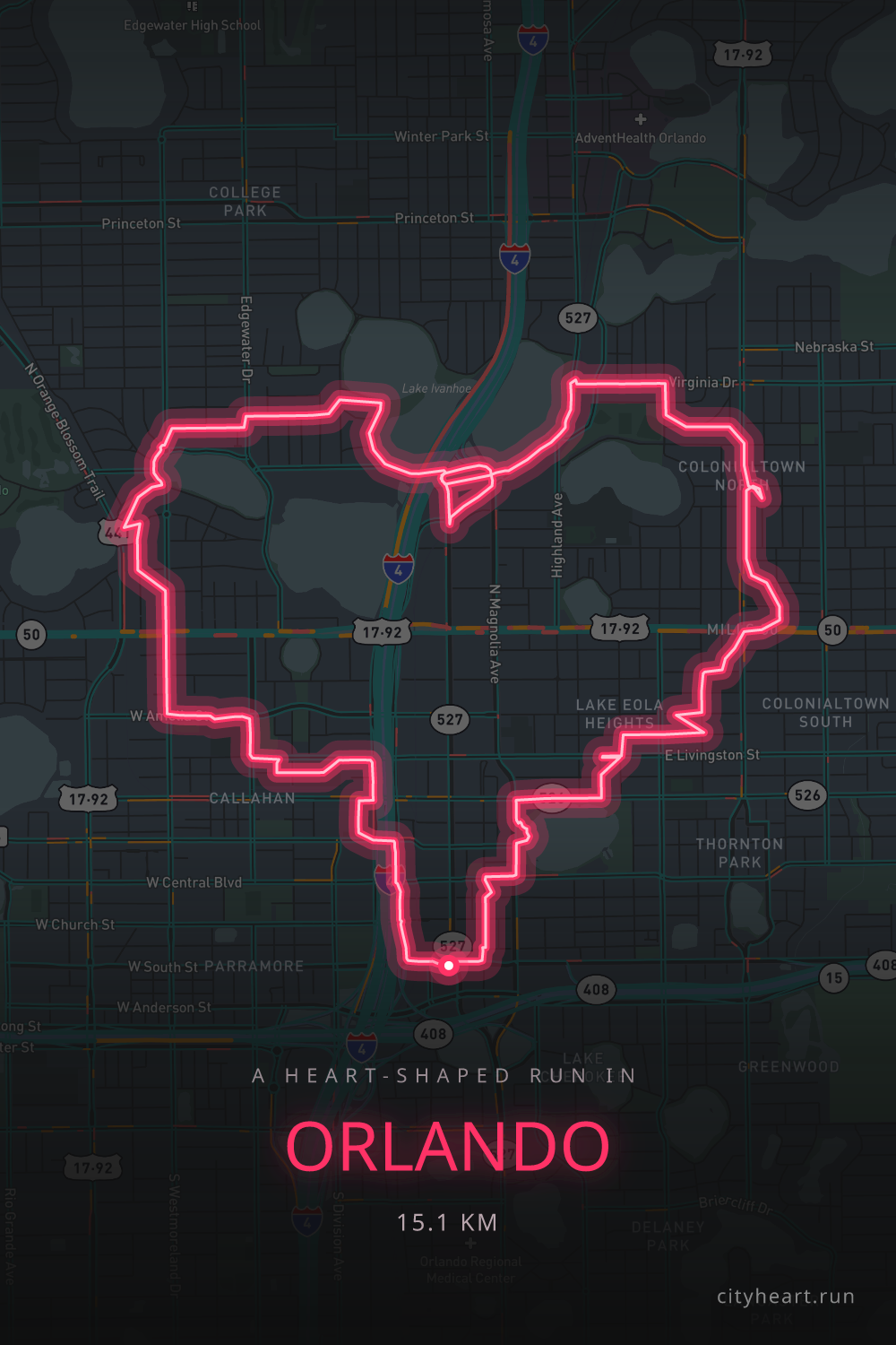 Heart-shaped running route in Orlando, 16.3 km — GPS art for Strava