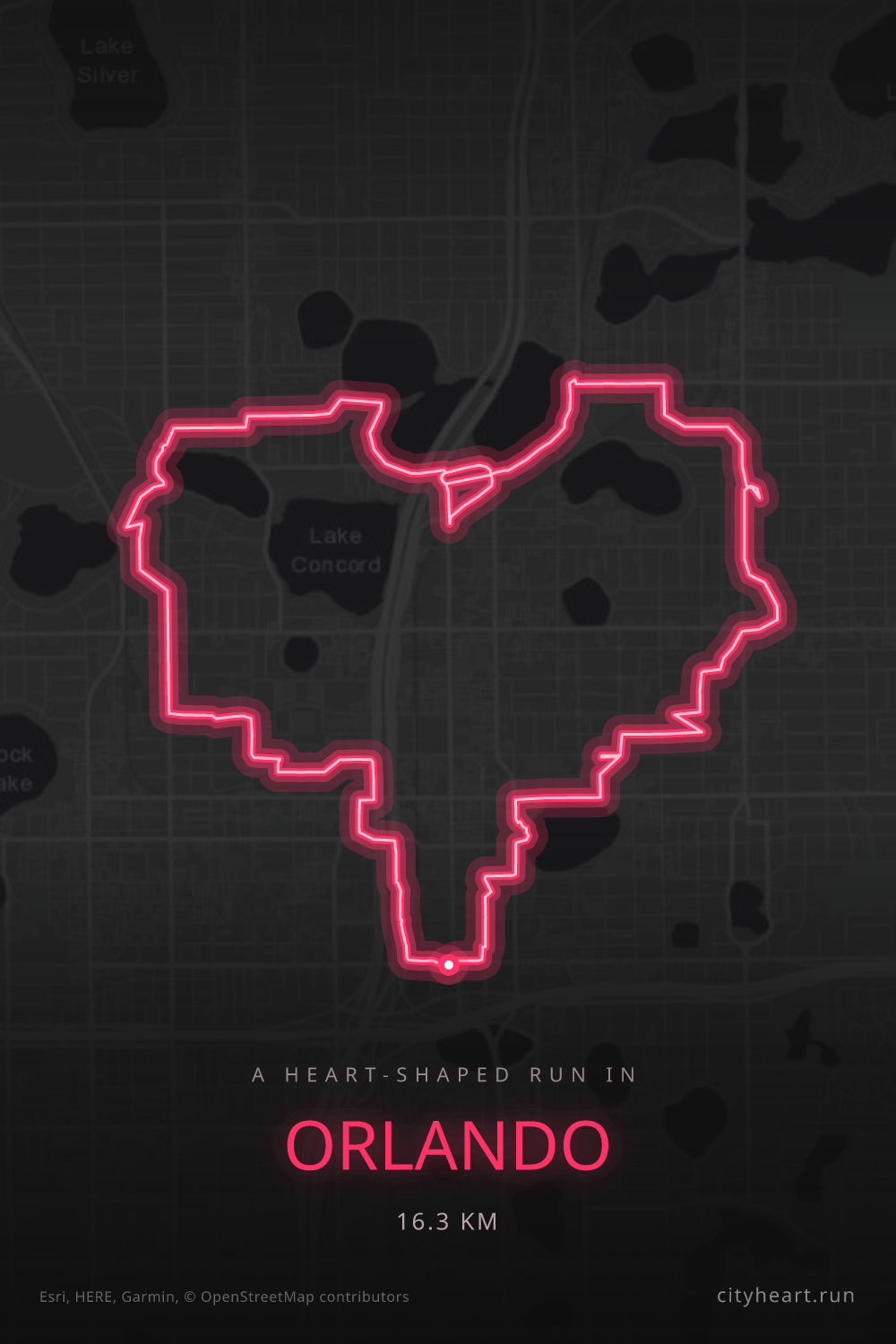 Heart-shaped running route in Orlando, 16.3 km — GPS art for Strava