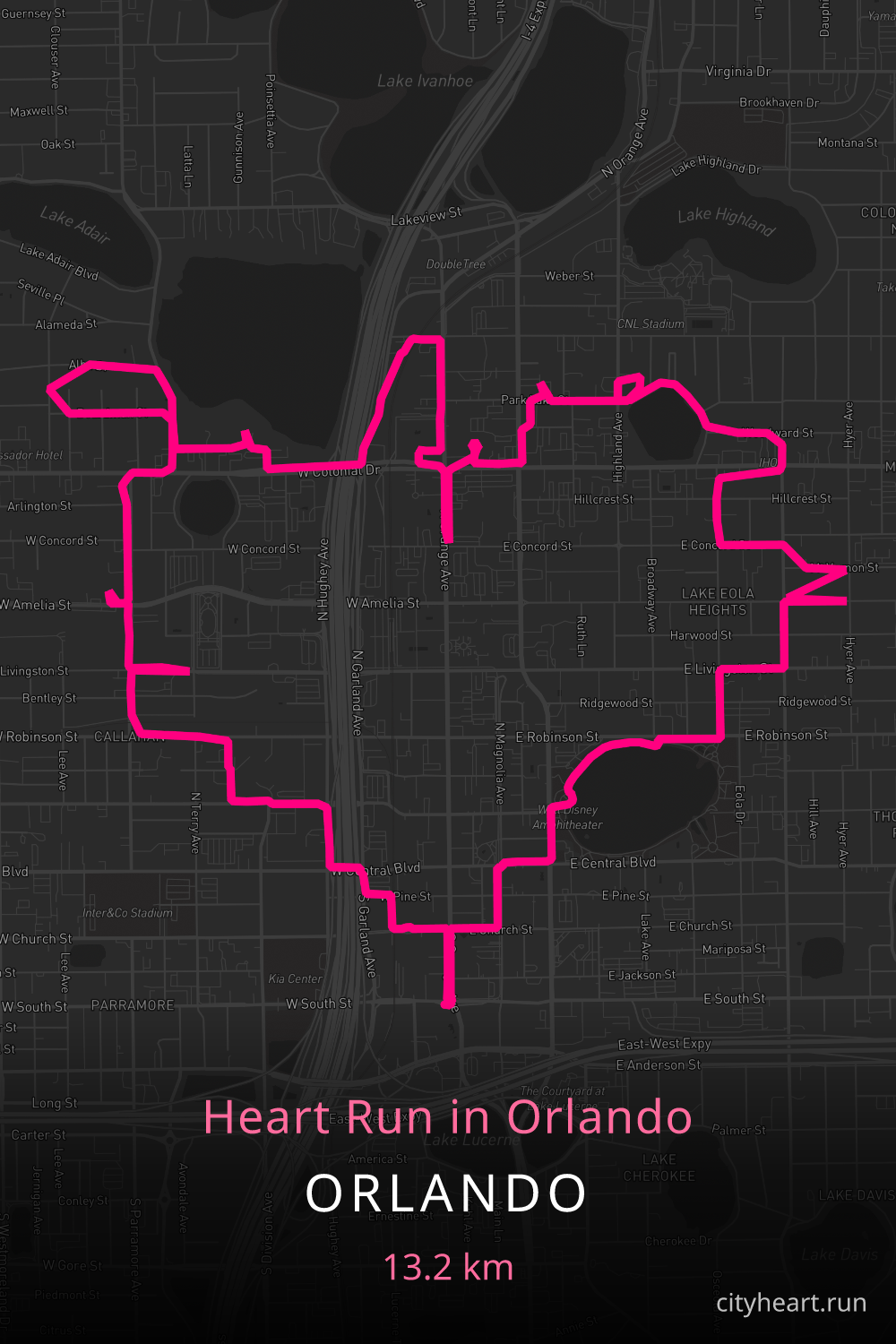 Heart-shaped running route in Orlando, 13.2 km — GPS art for Strava