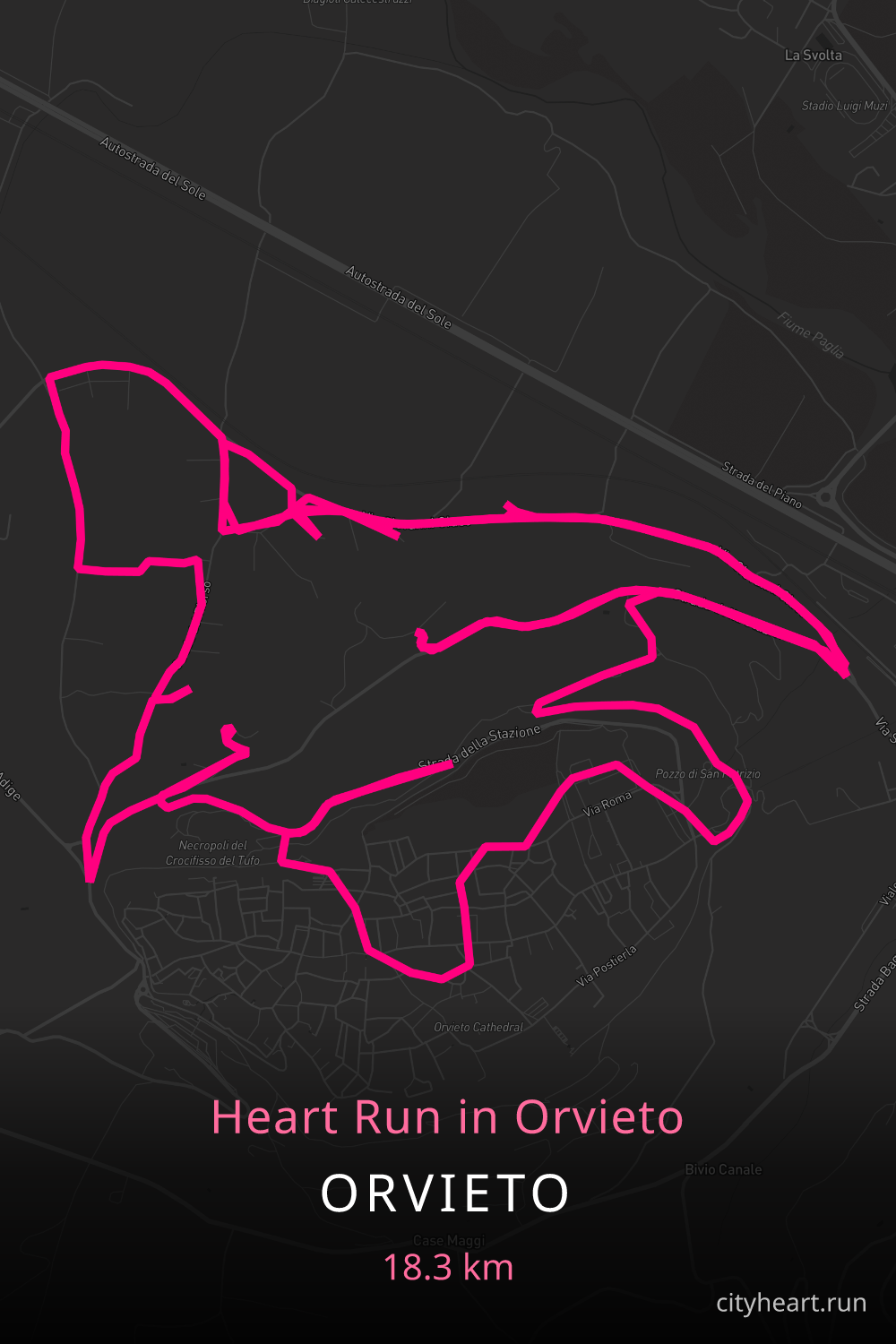 Heart-shaped running route in Orvieto, 18.9 km — GPS art for Strava