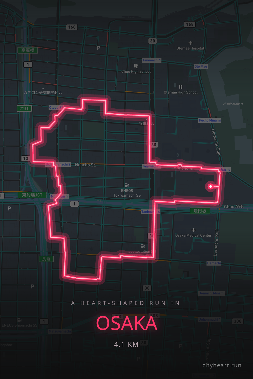 Heart-shaped running route in Osaka, 4.0 km — GPS art for Strava