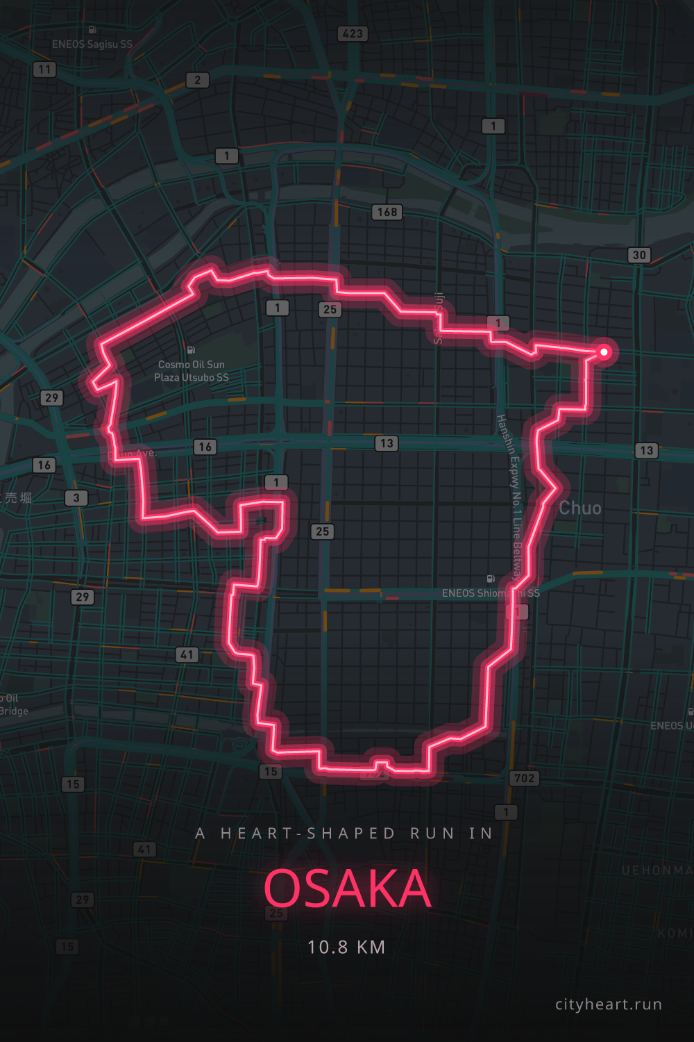 Heart-shaped running route in Osaka, 10.8 km — GPS art for Strava