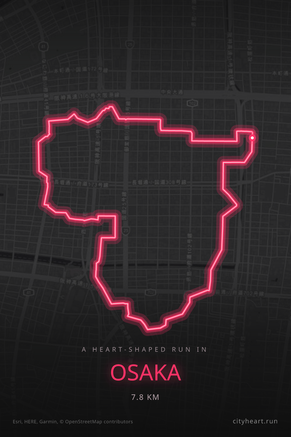 Heart-shaped running route in Osaka, 7.8 km — GPS art for Strava