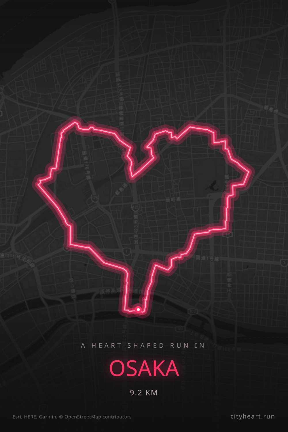 Heart-shaped running route in Osaka, 9.2 km — GPS art for Strava