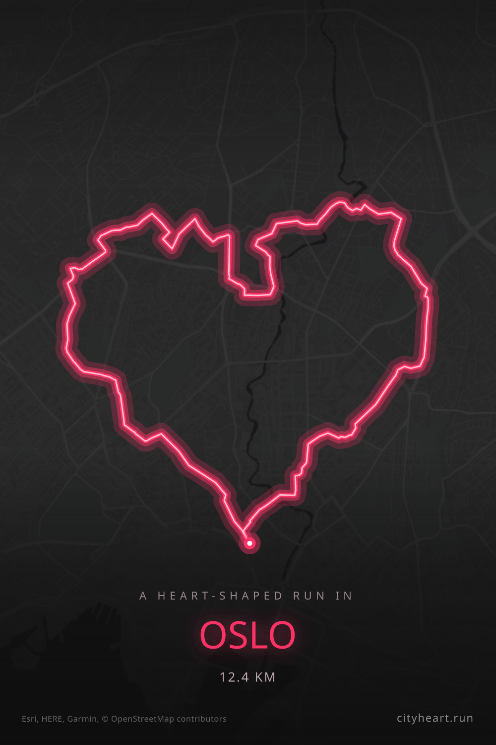 Heart-shaped running route in Oslo, 12.4 km — GPS art for Strava