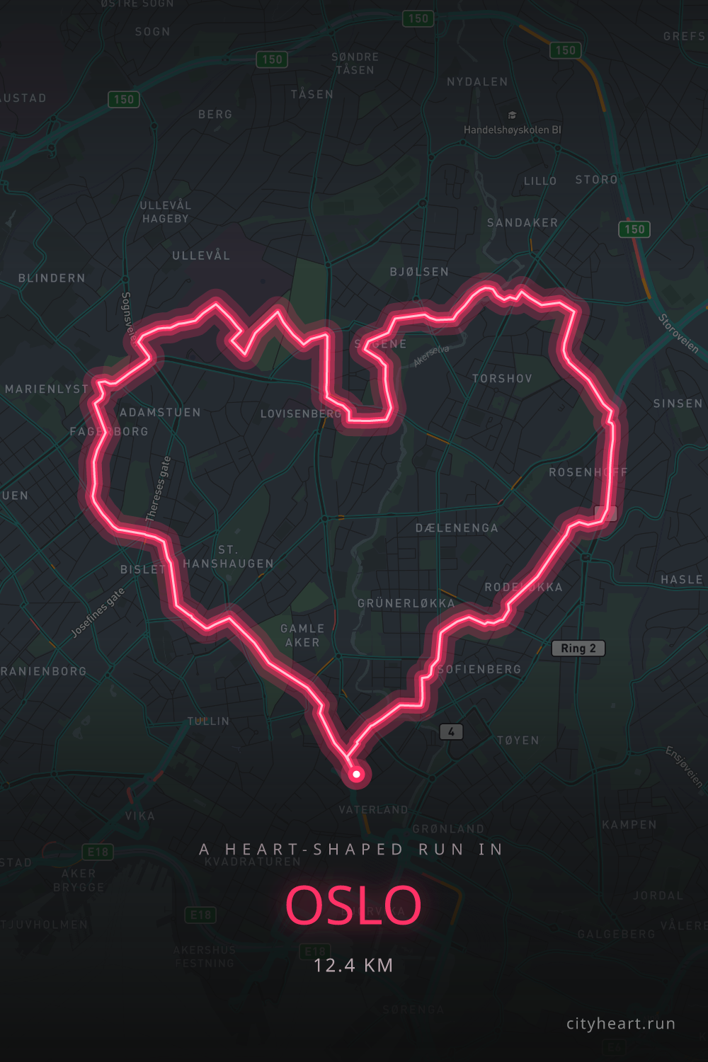 Heart-shaped running route in Oslo, 12.4 km — GPS art for Strava