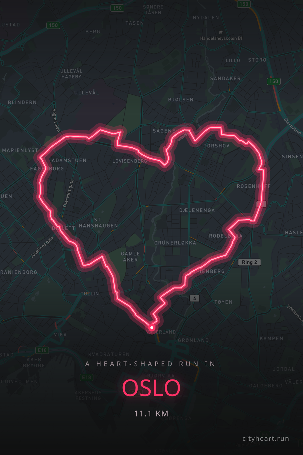 Heart-shaped running route in Oslo, 11.1 km — GPS art for Strava