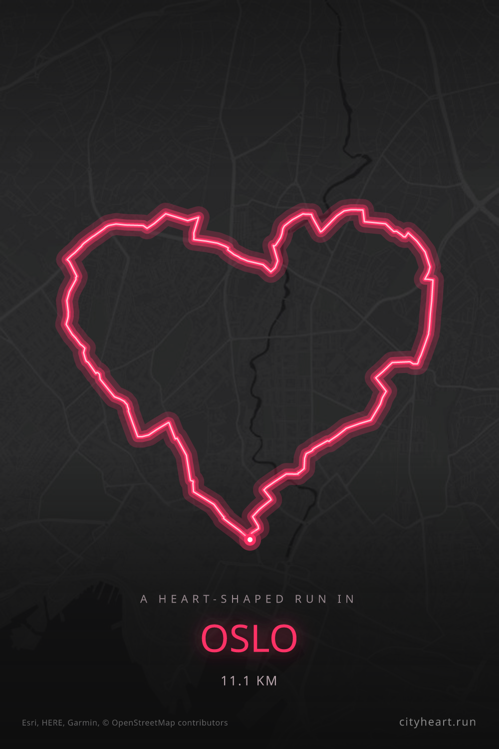 Heart-shaped running route in Oslo, 11.1 km — GPS art for Strava
