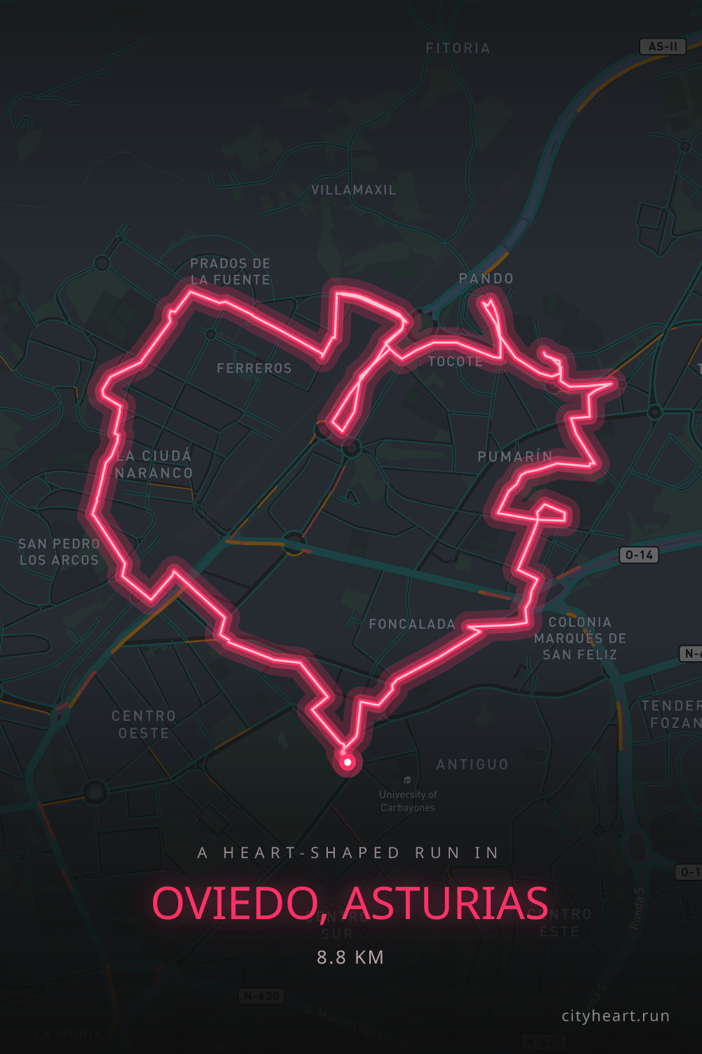 Heart-shaped running route in Oviedo, Asturias, 9.4 km — GPS art for Strava