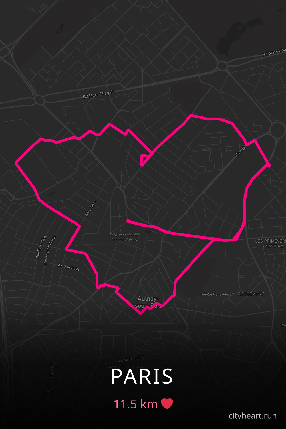 Heart-shaped running route in Paris, 11.5 km — GPS art for Strava