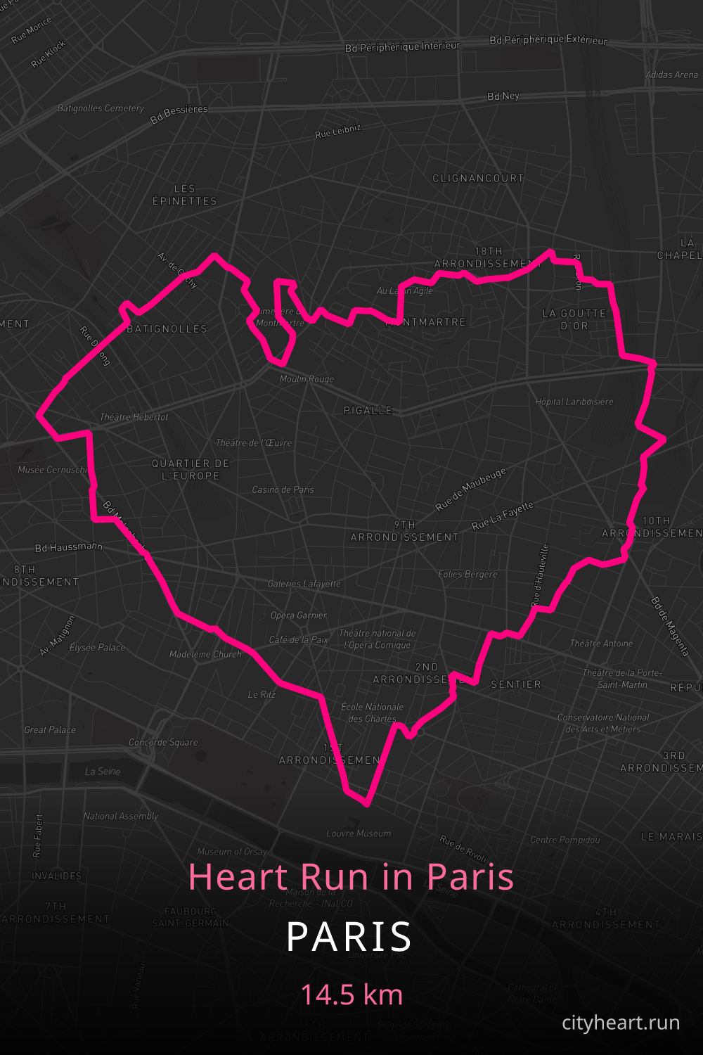 Heart-shaped running route in Paris, 16.5 km — GPS art for Strava
