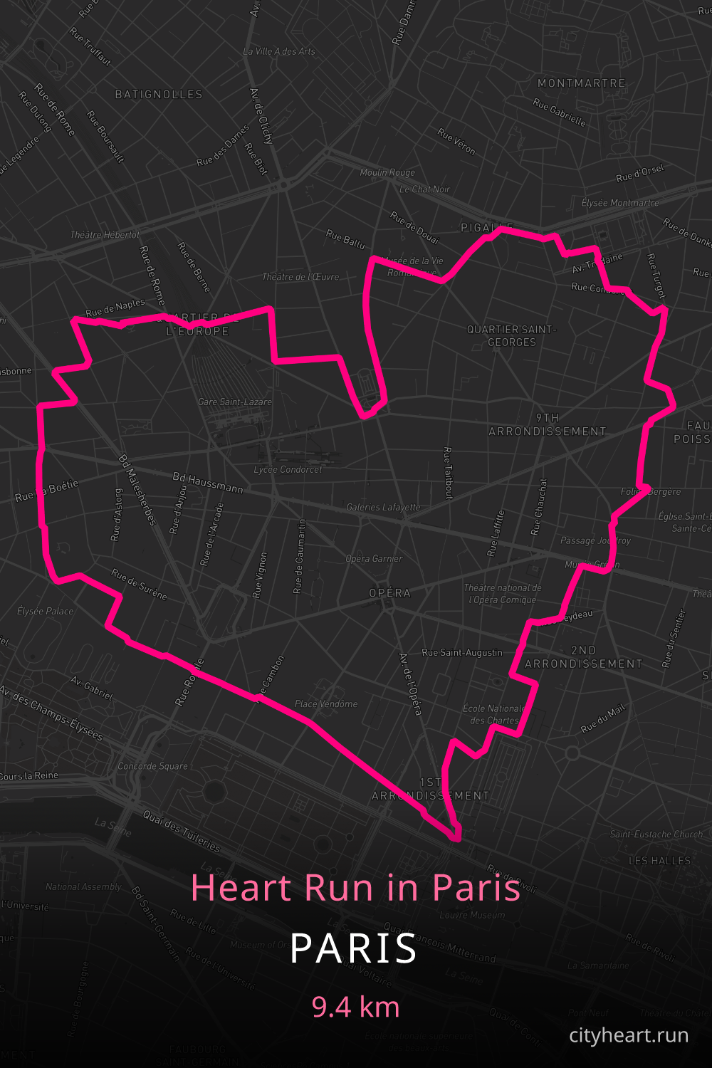 Heart-shaped running route in Paris, 10.1 km — GPS art for Strava