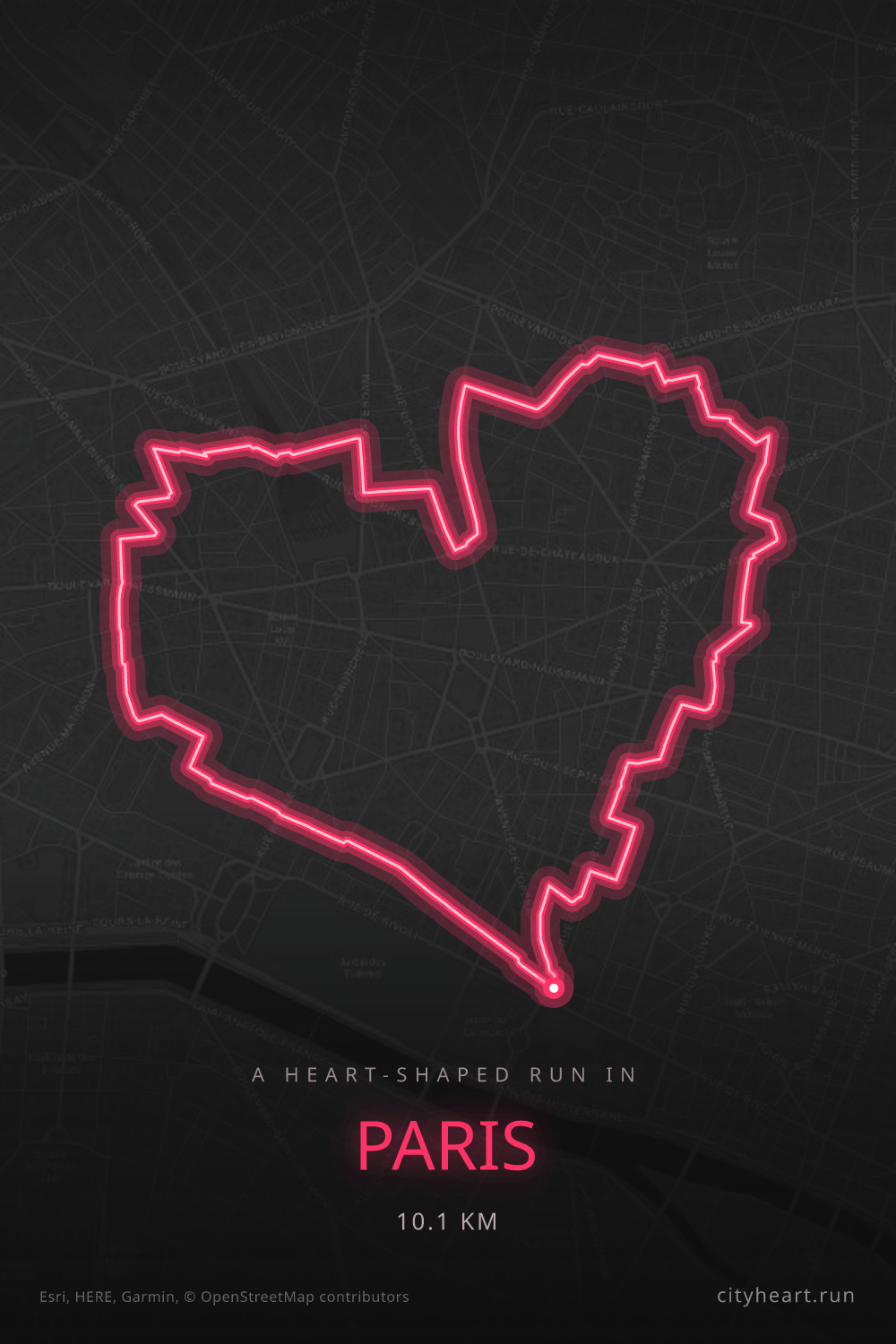 Heart-shaped running route in Paris, 10.1 km — GPS art for Strava