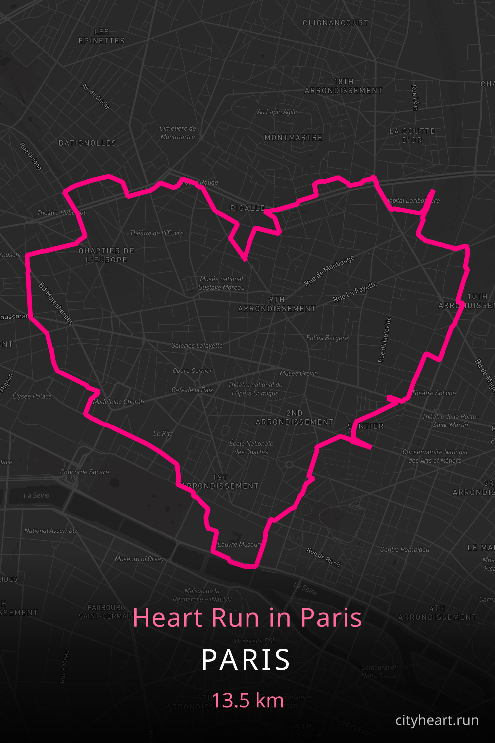 Heart-shaped running route in Paris, 15.4 km — GPS art for Strava