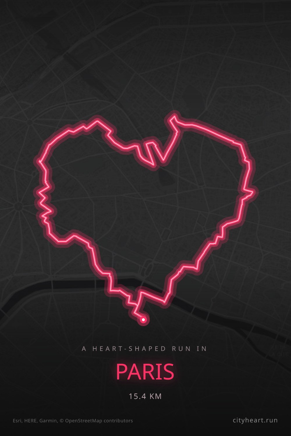 Heart-shaped running route in Paris, 15.4 km — GPS art for Strava
