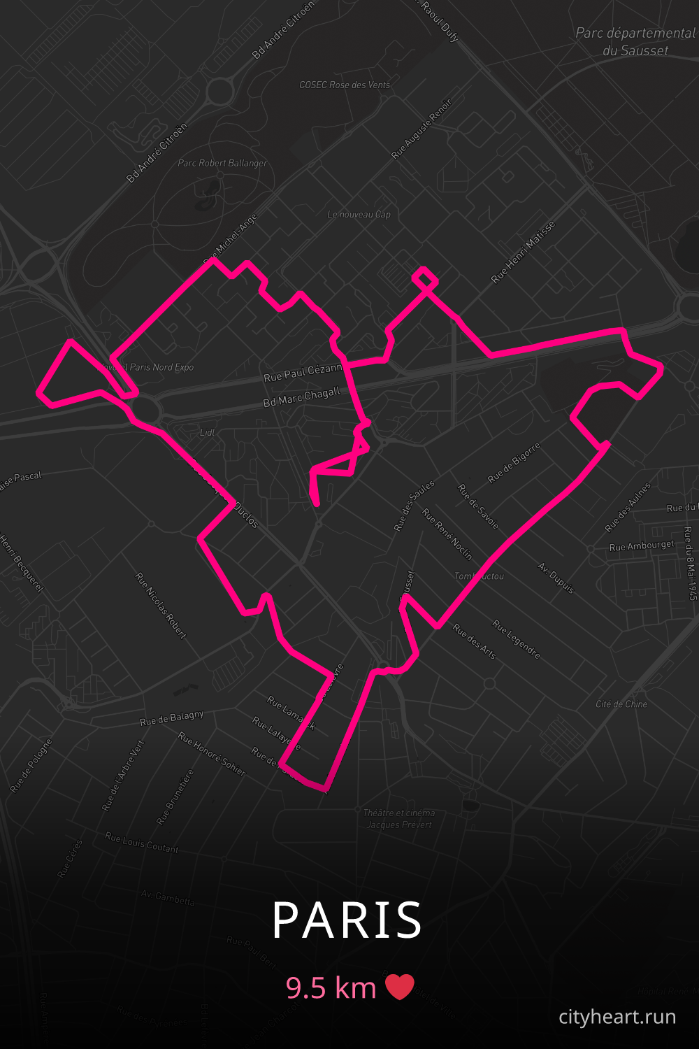 Heart-shaped running route in Paris, 9.5 km — GPS art for Strava