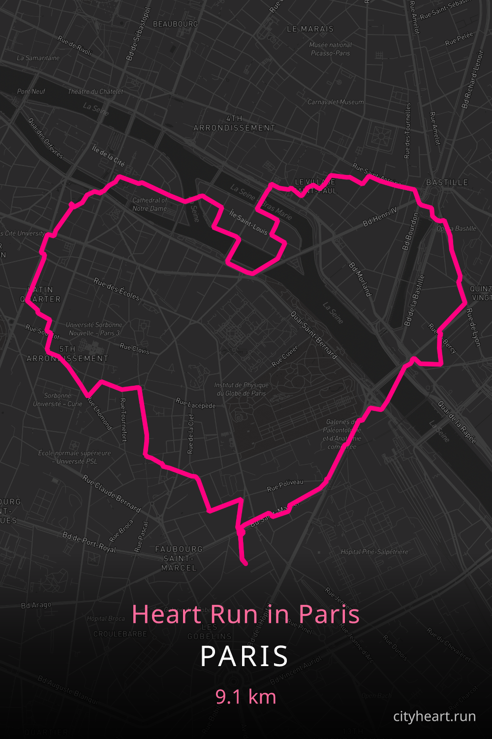 Heart-shaped running route in Paris, 10.7 km — GPS art for Strava
