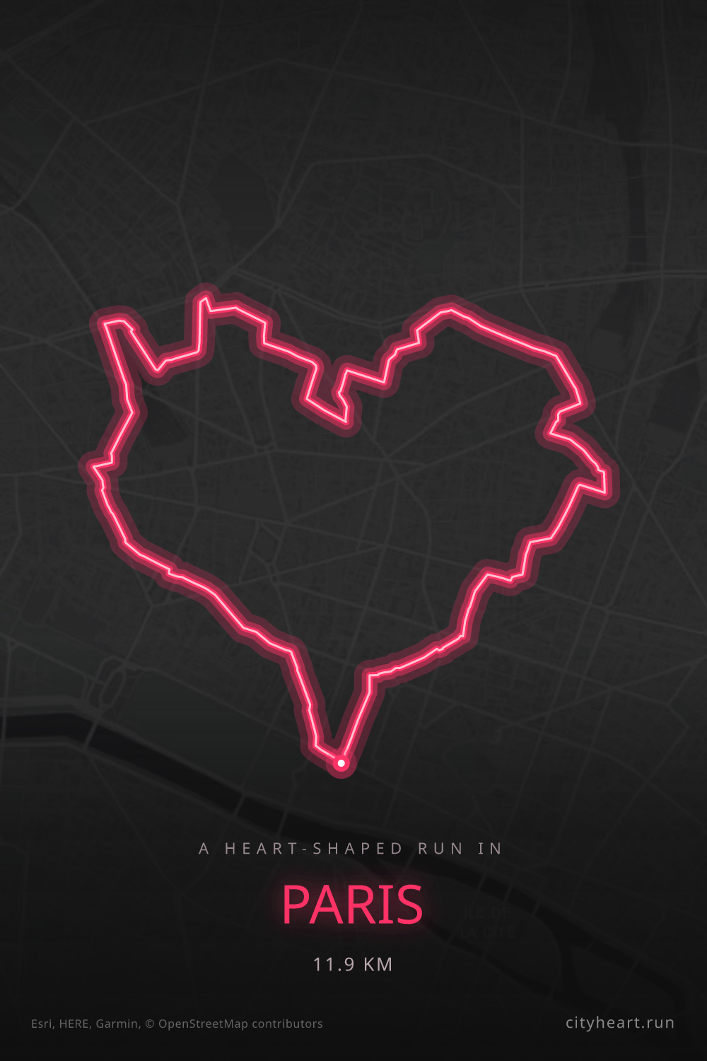 Heart-shaped running route in Paris, 11.9 km — GPS art for Strava