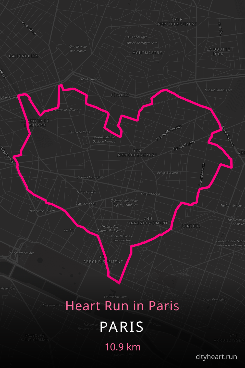 Heart-shaped running route in Paris, 11.9 km — GPS art for Strava