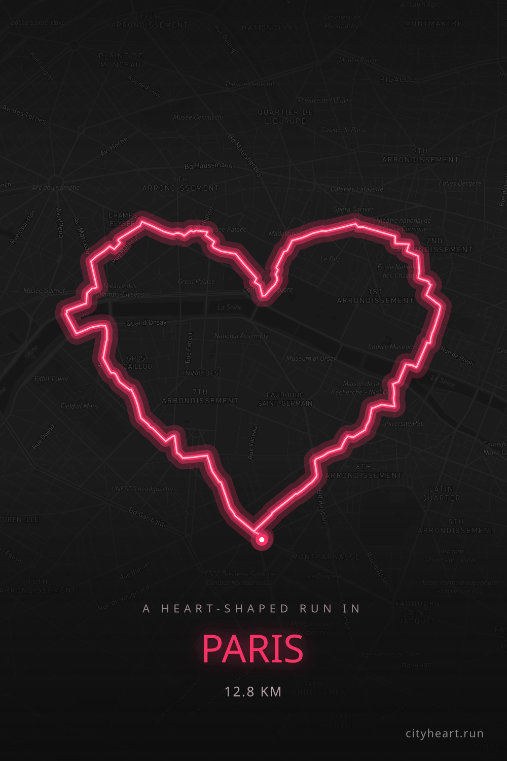 Heart-shaped running route in Paris, 13.4 km — GPS art for Strava