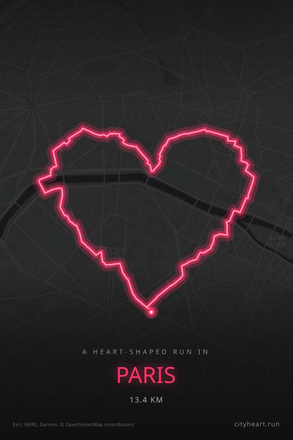 Heart-shaped running route in Paris, 13.4 km — GPS art for Strava