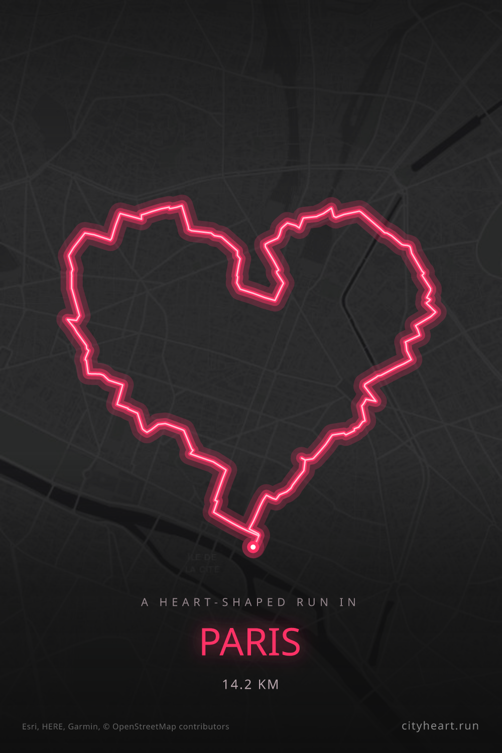 Heart-shaped running route in Paris, 14.2 km — GPS art for Strava