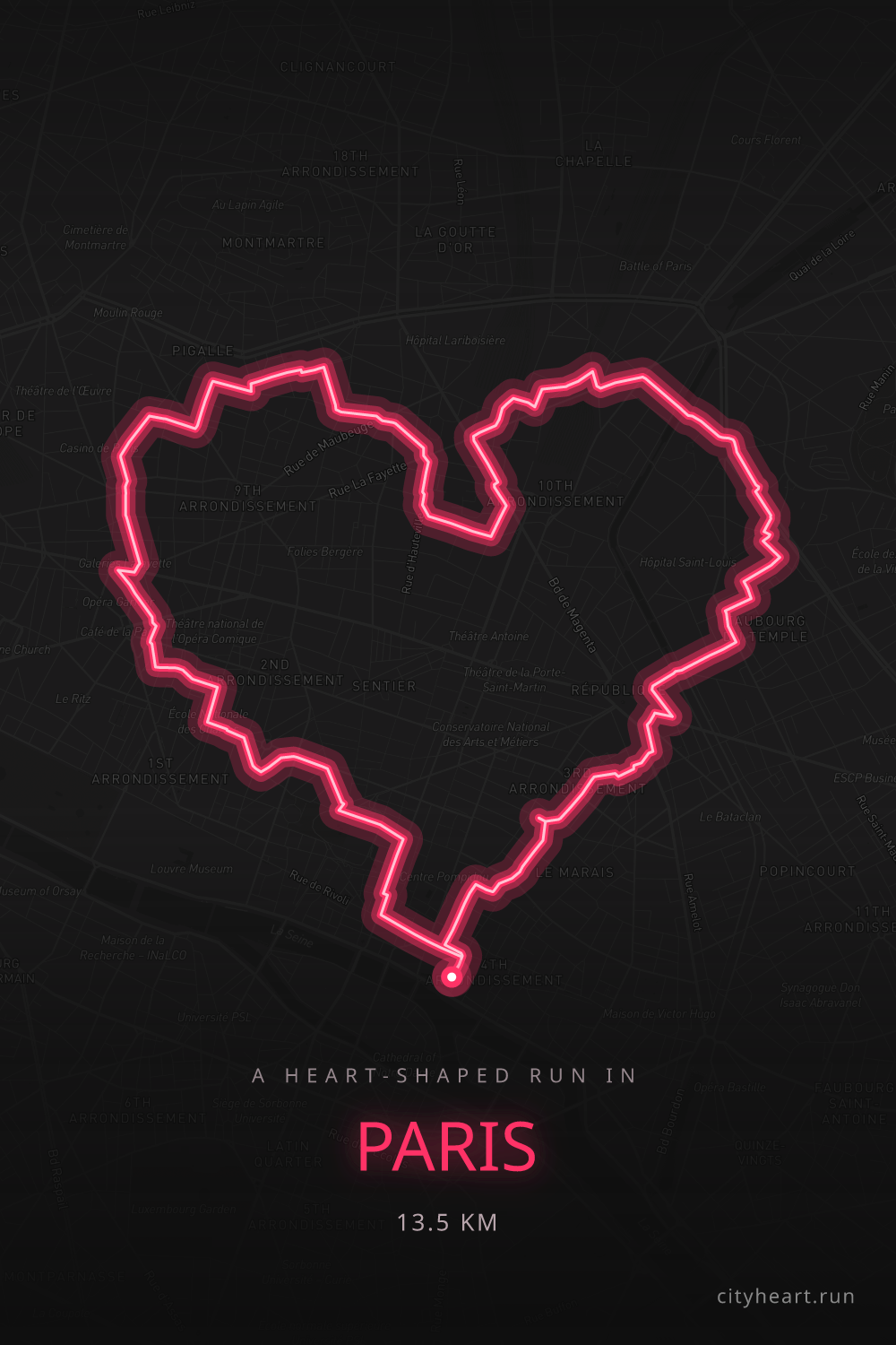 Heart-shaped running route in Paris, 14.2 km — GPS art for Strava