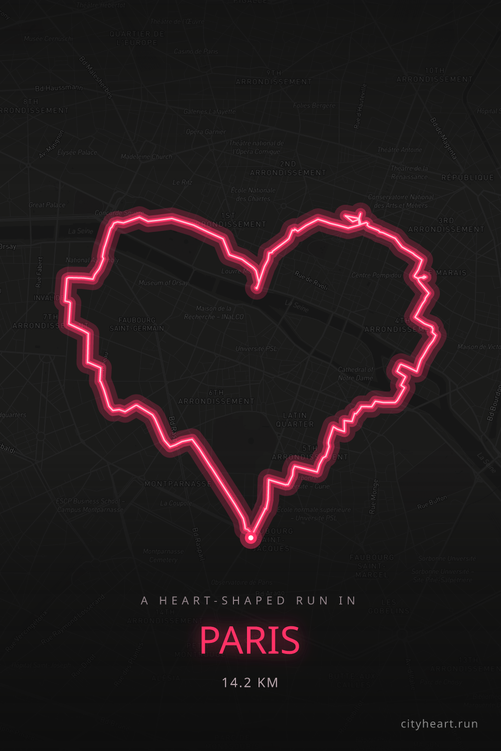 Heart-shaped running route in Paris, 15.8 km — GPS art for Strava