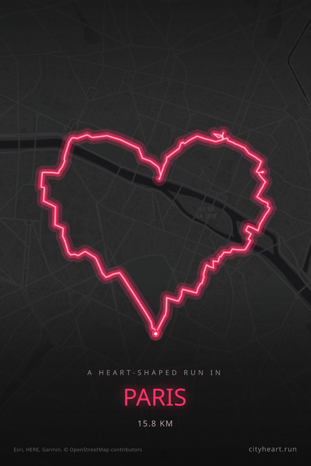 Heart-shaped running route in Paris, 15.8 km — GPS art for Strava