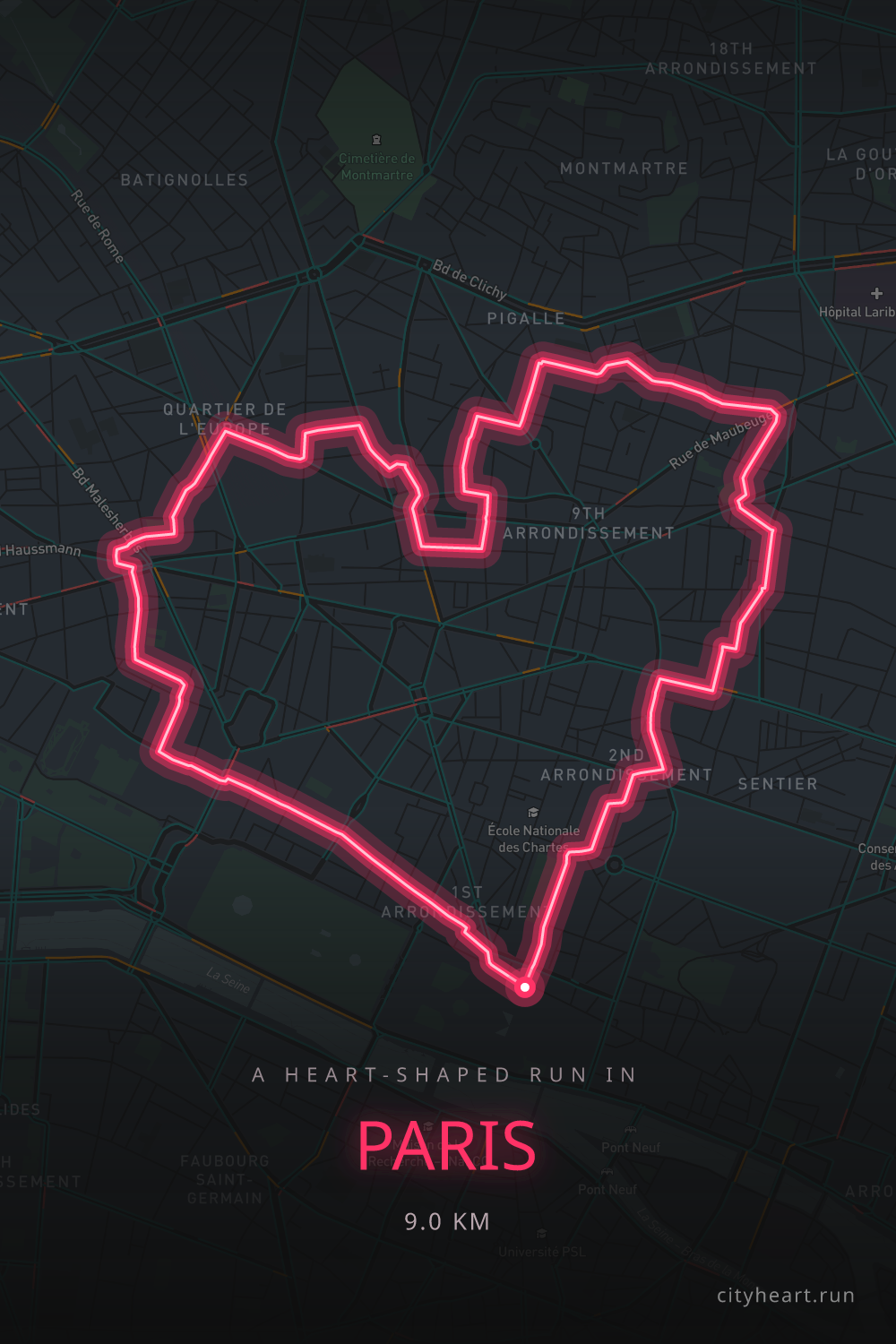 Heart-shaped running route in Paris, 9.0 km — GPS art for Strava