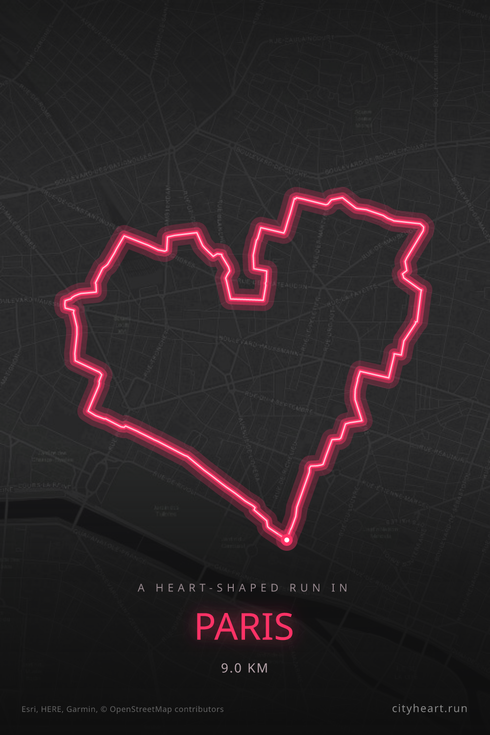 Heart-shaped running route in Paris, 9.0 km — GPS art for Strava