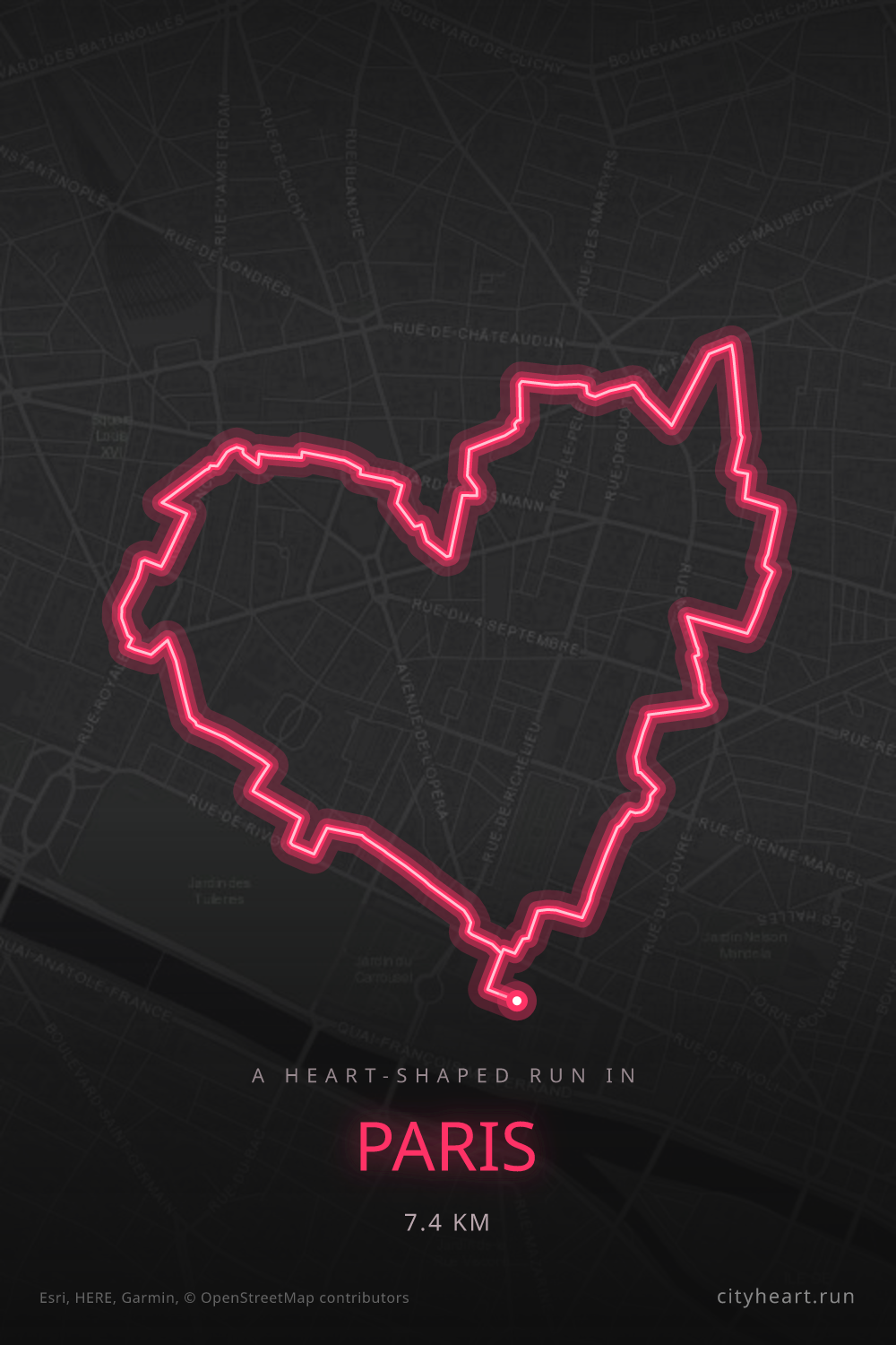 Heart-shaped running route in Paris, 7.4 km — GPS art for Strava