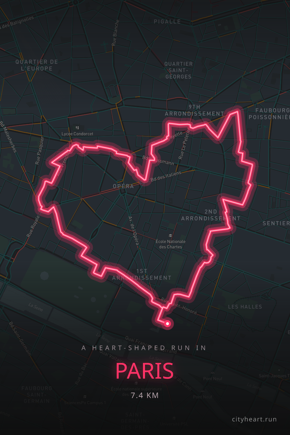 Heart-shaped running route in Paris, 7.4 km — GPS art for Strava