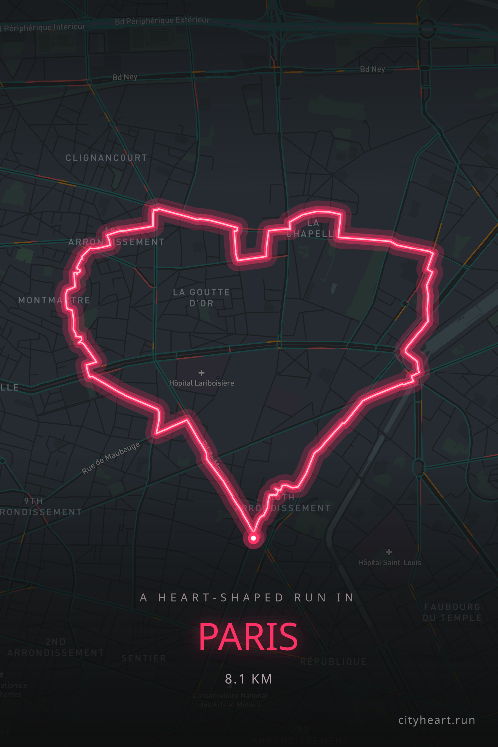 Heart-shaped running route in Paris, 8.1 km — GPS art for Strava