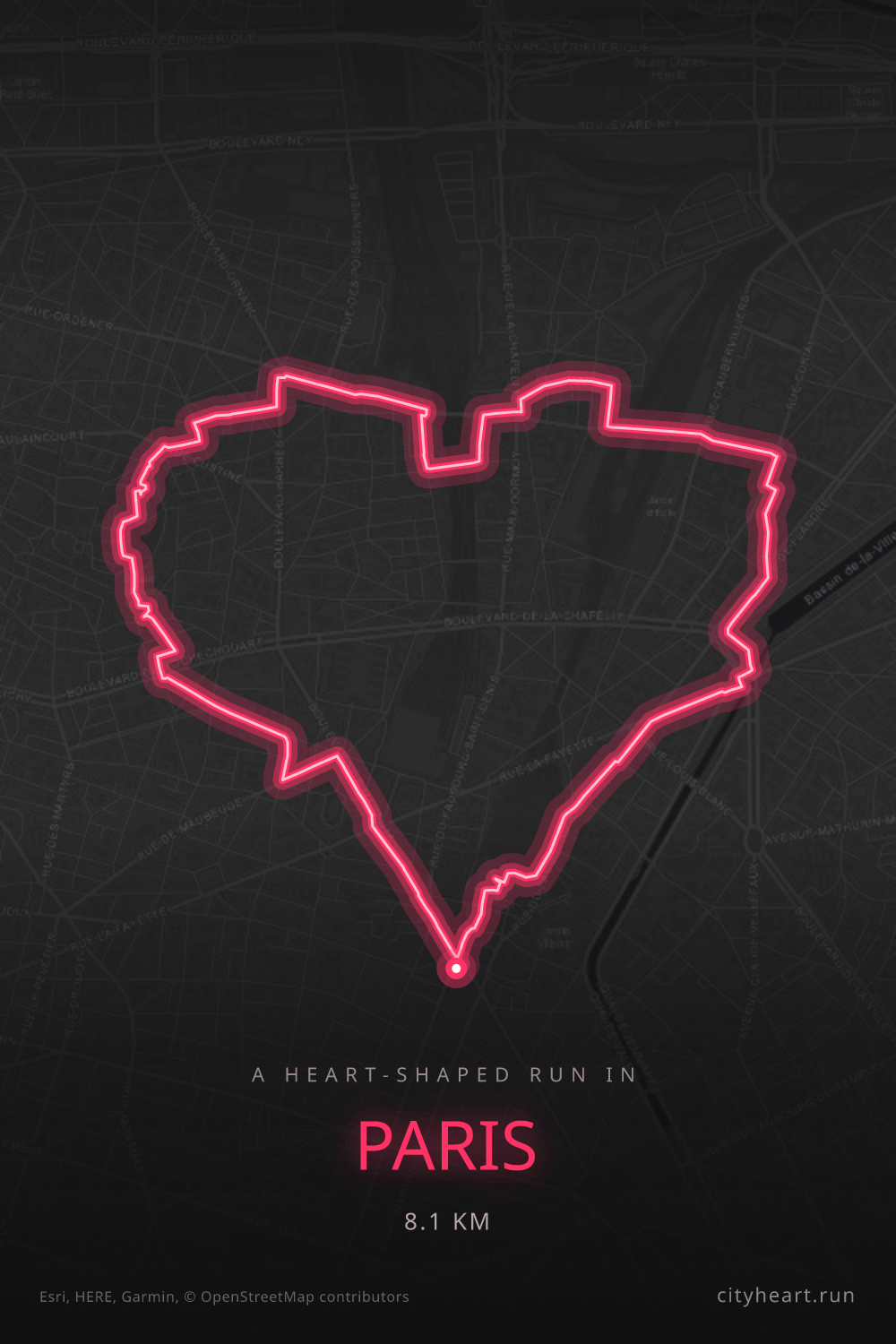 Heart-shaped running route in Paris, 8.1 km — GPS art for Strava