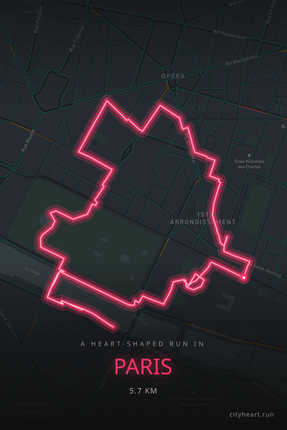 Heart-shaped running route in Paris, 5.7 km — GPS art for Strava