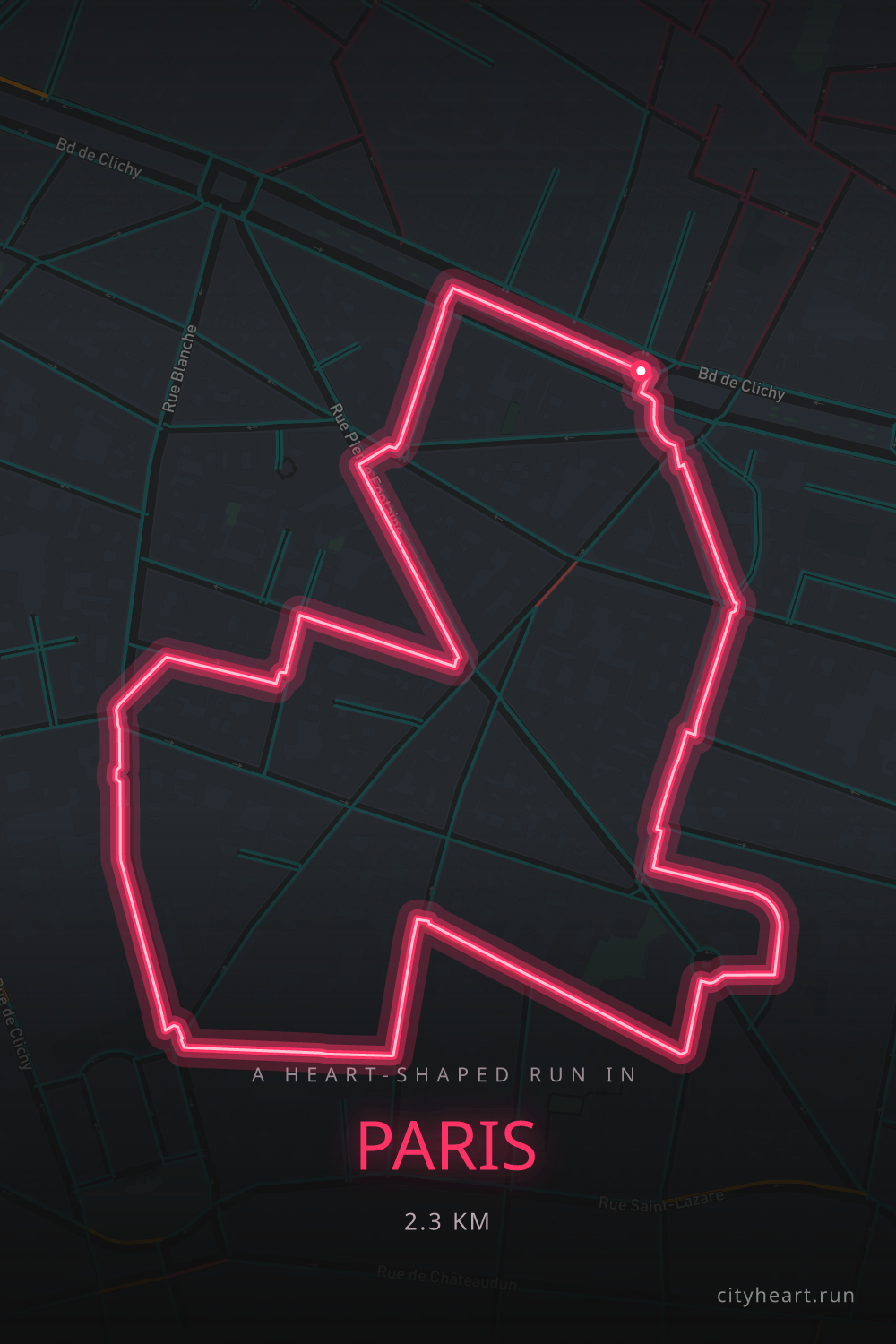 Heart-shaped running route in Paris, 2.3 km — GPS art for Strava