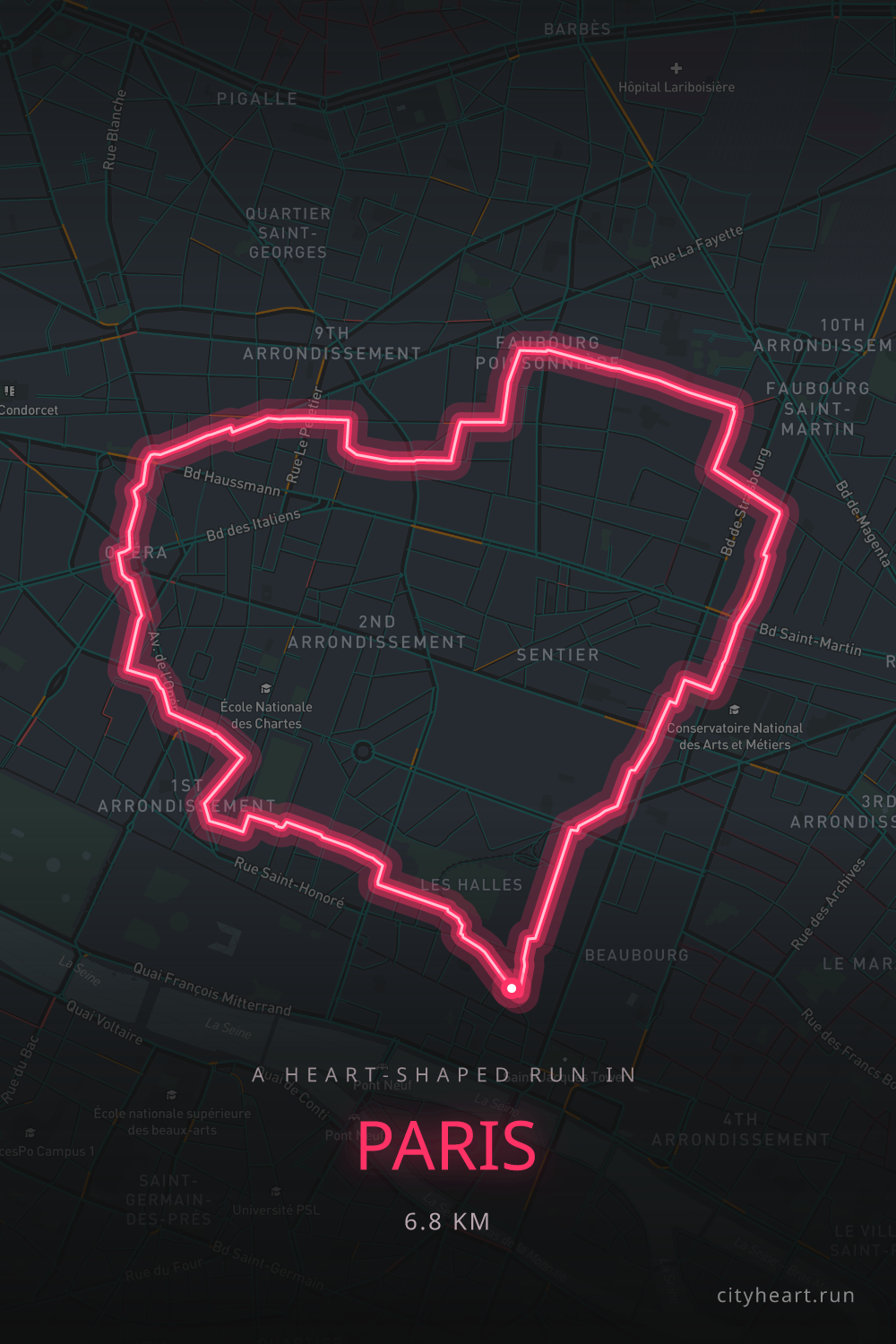 Heart-shaped 6.8 km shakeout running route through Paris, near the Paris Half Marathon course