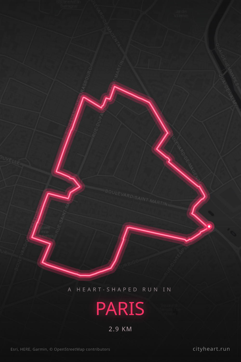 Heart-shaped running route in Paris, 2.9 km — GPS art for Strava